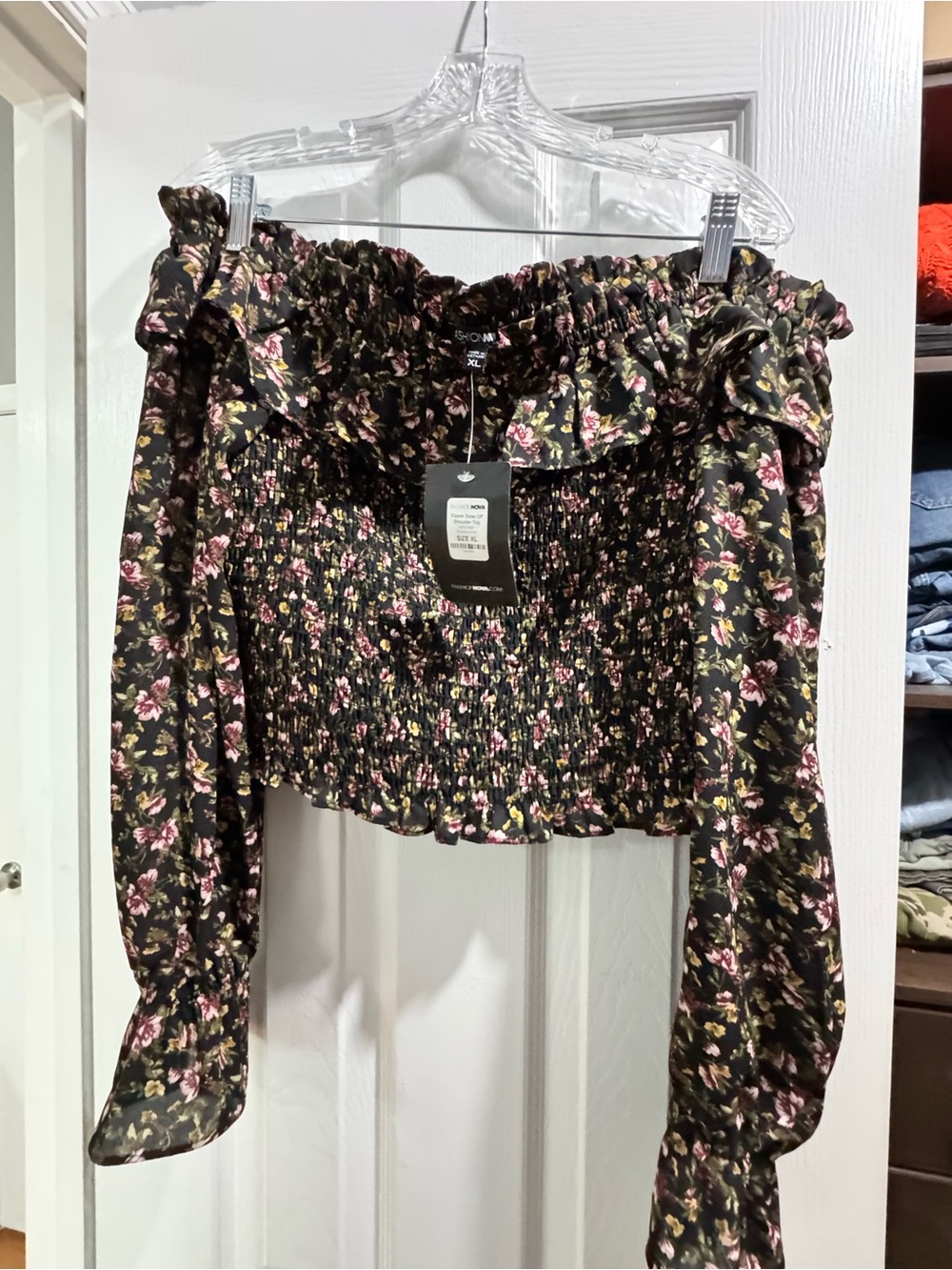 SHEIN Black Floral Off-Shoulder Smocked Blouse